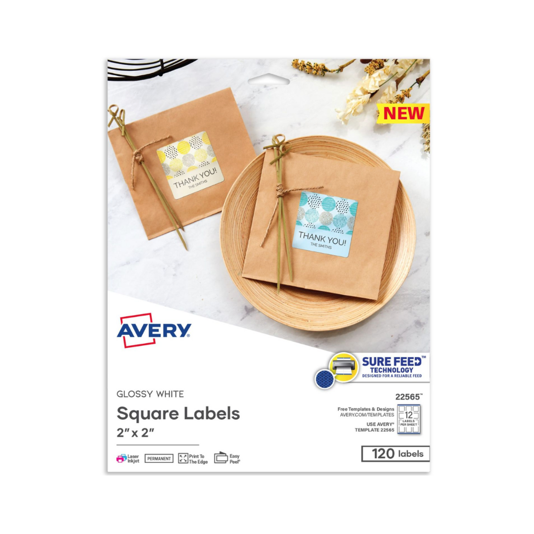 Avery® Etiquetas cuadradas de 5.1 x 5.1 cms,  Sure Feed™, adhesivo permanente, blanco brillante, 120 etiquetas (22565)