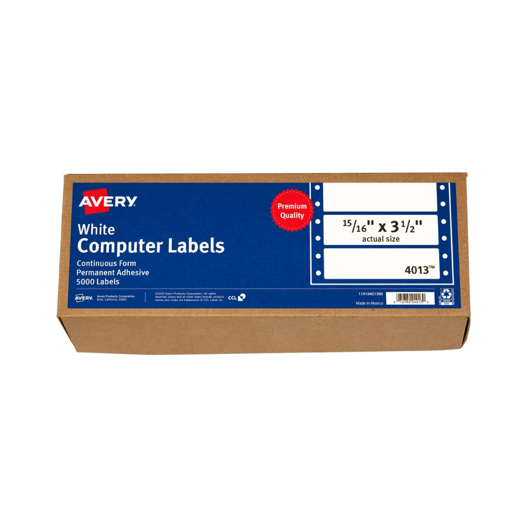 Avery® Etiquetas de dirección para impresora de puntos, 8.9 X 2.4 cms, 5000 etiquetas blancas (4013)