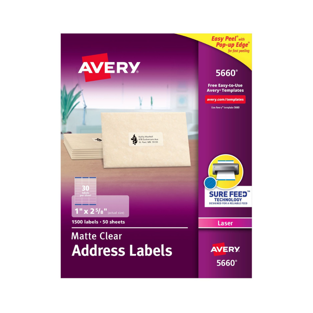 Avery® Etiquetas de dirección transparentes mate, tecnología Sure Feed™, láser, 6.7 x 2.5 cms, 1500 etiquetas (5660)