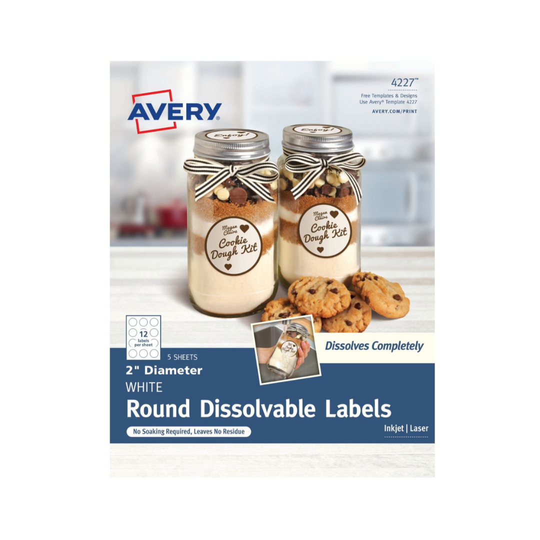 Avery® Etiquetas redondas blancas solubles con Sure Feed™, 5.1 cms diámetro, 60 etiquetas, adhesivo soluble (4227)