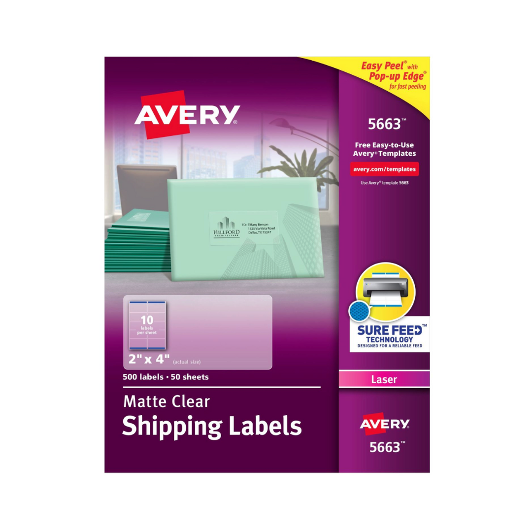Avery® Etiquetas de envío transparentes mate, tecnología Sure Feed™, láser, 10.2 x 5.08cms, 500 etiquetas (5663)