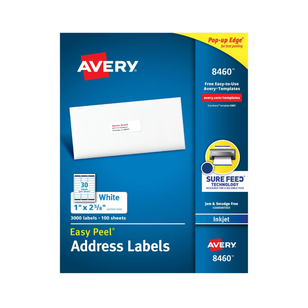 Avery® Etiquetas de dirección, Easy Peel®, tecnología Sure Feed™, adhesivo permanente, 6.7 x 2.5 cms, 3000 etiquetas (8460)