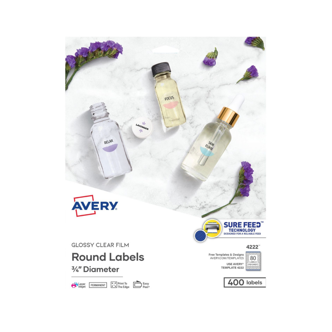 Avery® Etiquetas redondas transparentes brillantes, con Sure Feed™, adhesivo permanente, 1.9 cms de diámetro, 400 etiquetas (4222)
