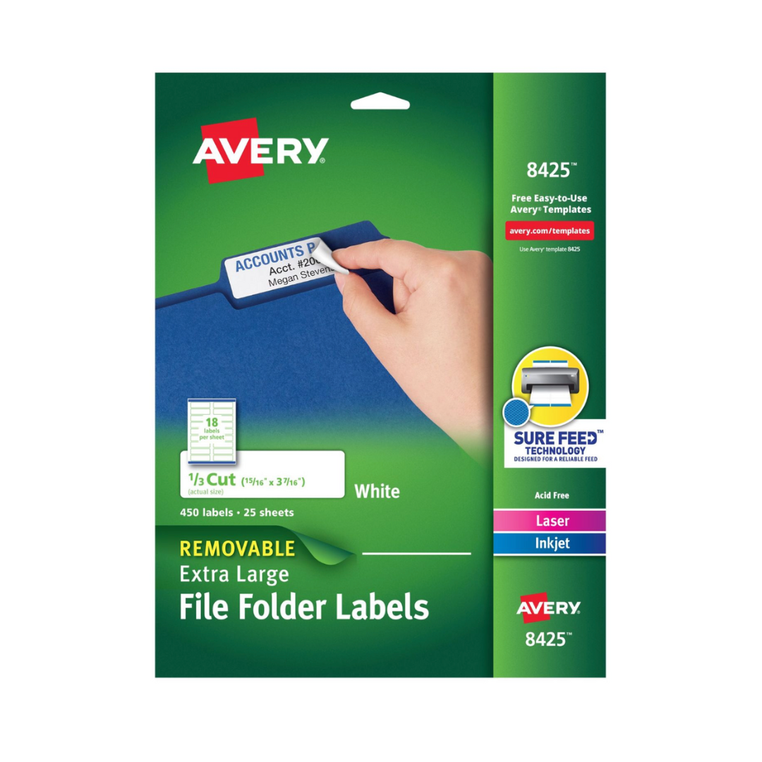 Avery® Etiquetas extragrandes para carpetas archivadoras, 8.7 x 2.4 cms, 450 etiquetas imprimibles, adhesivo removible, blanco mate (8425)