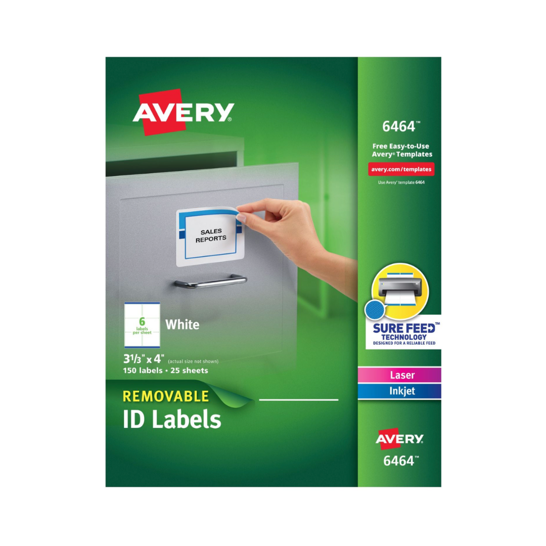 Avery® Etiquetas de identificación removibles, adhesivo removible, 10.2 x 8.5 cms, 150 etiquetas (6464)