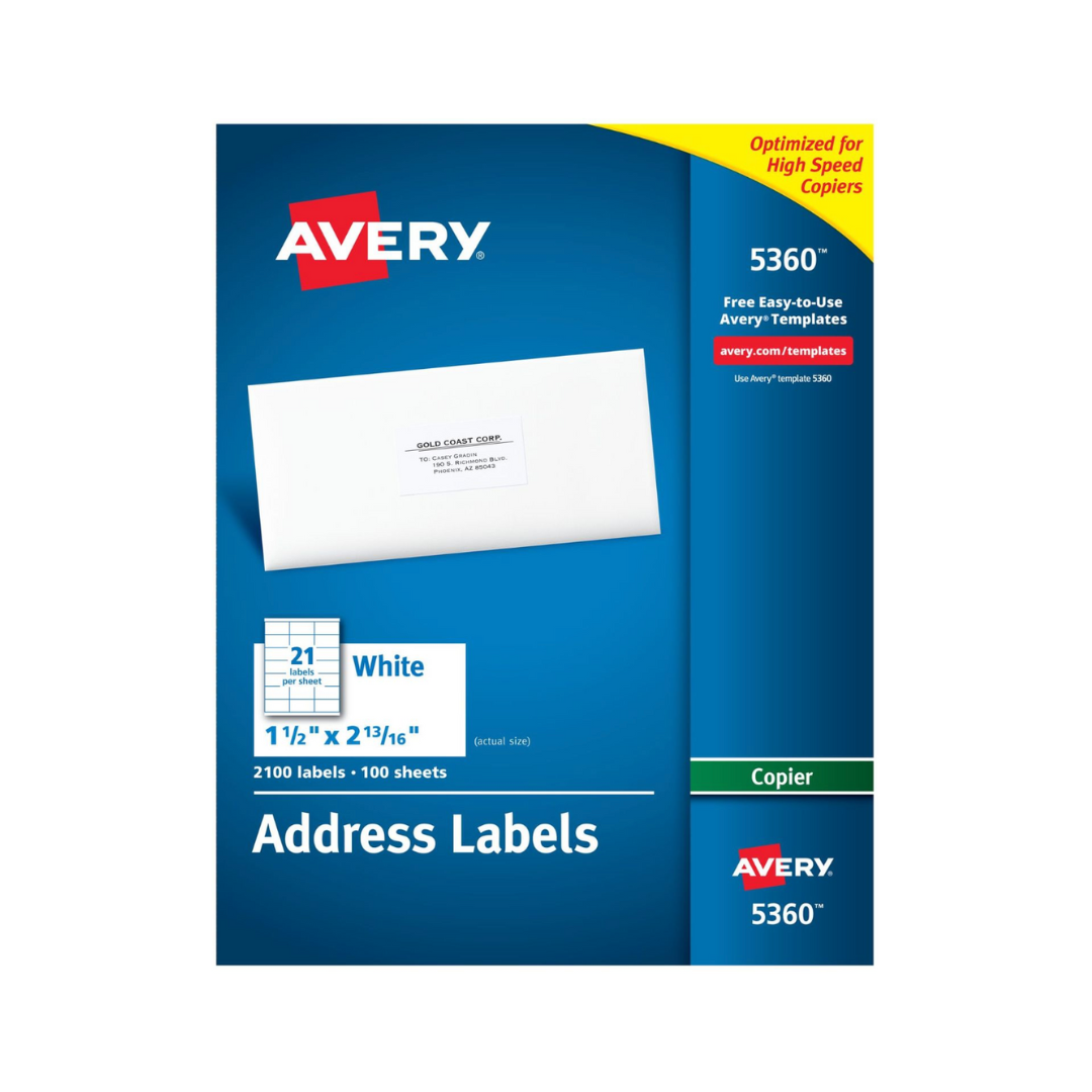 Avery® Etiquetas para nombres y direcciones, uso en fotocopiadoras 7.1 x 3.8 cms, 2100 etiquetas blancas (5360)
