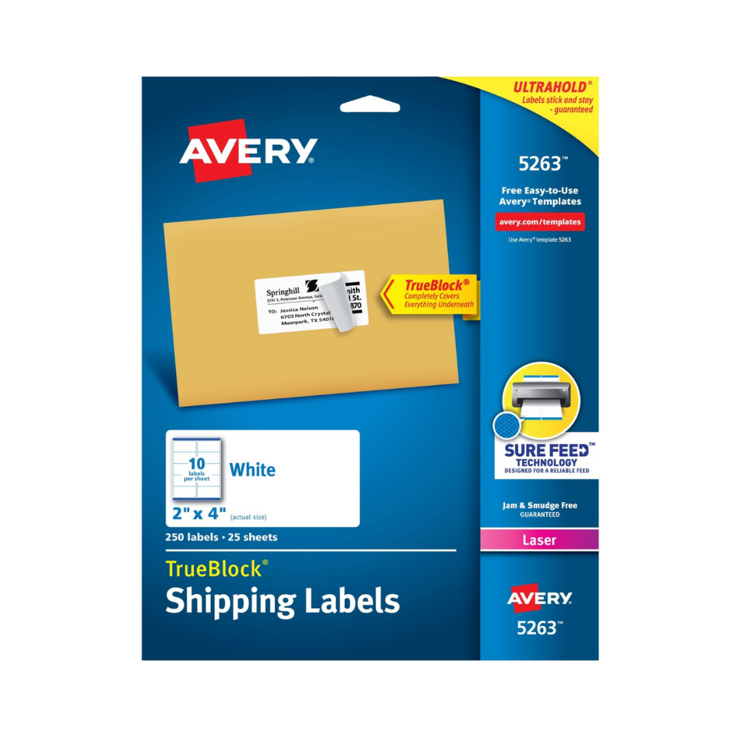 Avery® Etiquetas para envío, TrueBlock®, tecnología Sure Feed™, adhesivo permanente, 10.2 x 5.1 cms, 100 etiquetas (18163)