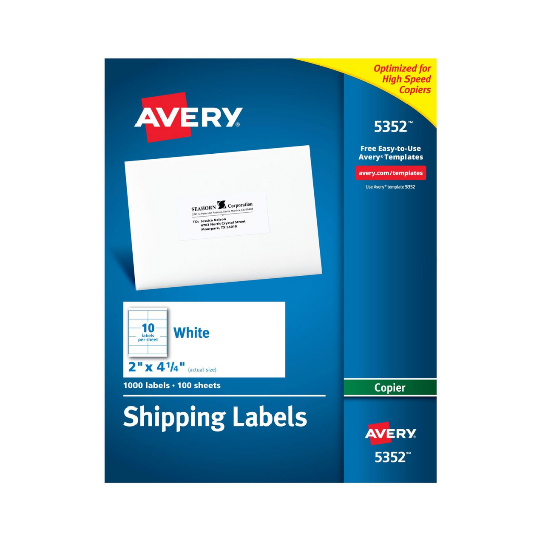 Avery® Etiquetas para hacer envíos, uso en fotocopiadoras, adhesivo permanente, 10.8 x 5.1 cms, 1000 etiquetas (5352)