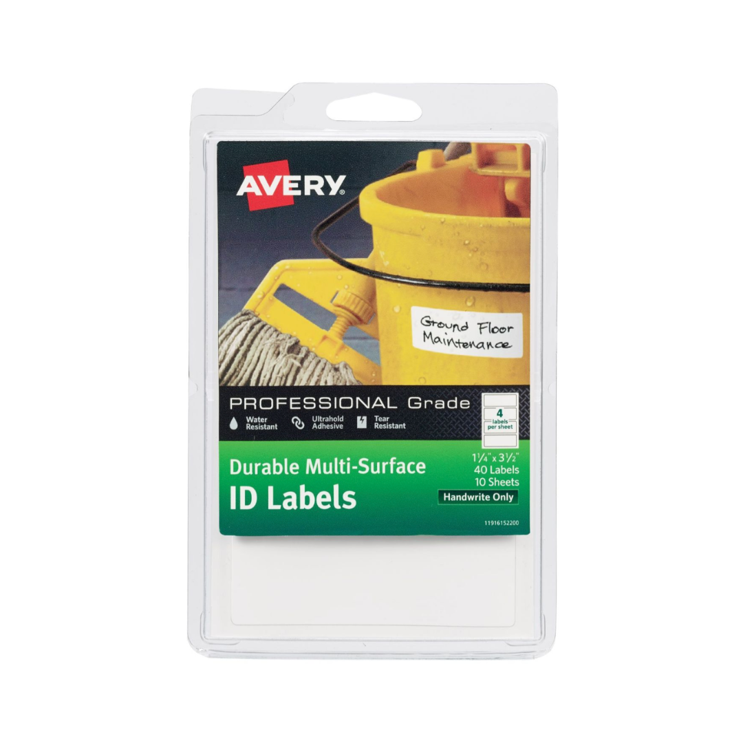 Avery® Etiquetas de identificación multisuperficie duraderas, adhesivo permanente, escritura a mano, 8.9 x 3.2cms, 40 etiquetas (61522)