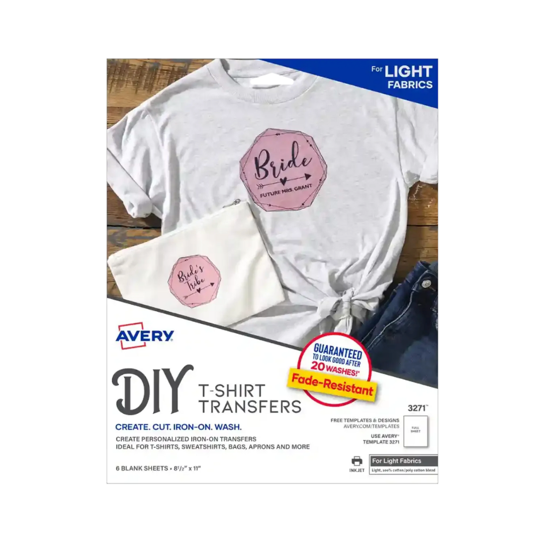 Avery® Papel transfer para telas claras, 21.5 x 27.9 cms, Impresora de inyección de tinta, 6 hojas mate (3271)