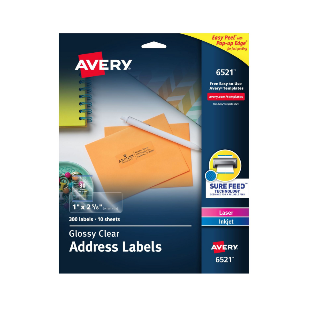 Avery® Etiquetas para nombres y dirección, Easy Peel®, transparente brillante, 6.7 x 2.5 cms, 300 etiquetas (6521)