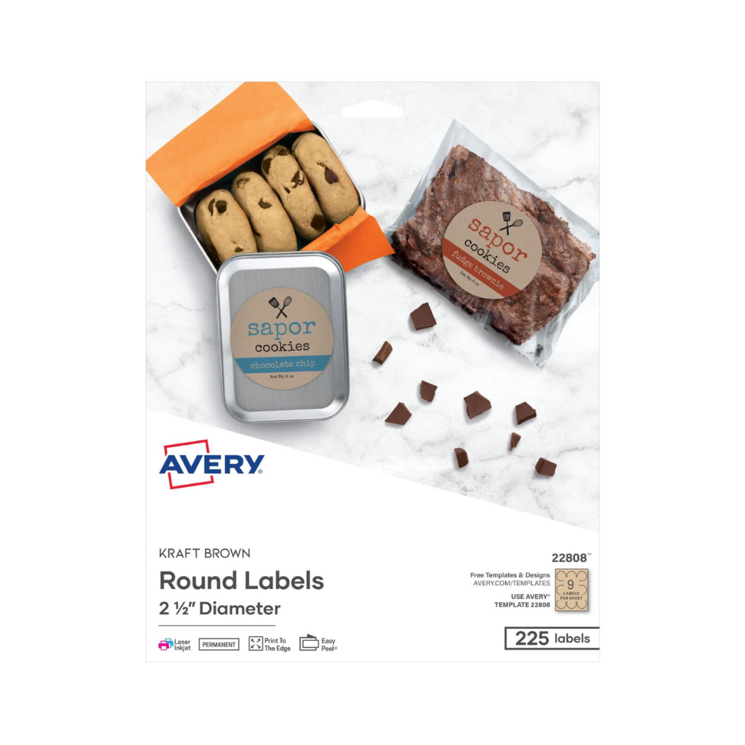 Avery® Etiquetas redondas marrón kraft, 6.4 cms de diámetro, 225 etiquetas, adhesivo permanente (22808)