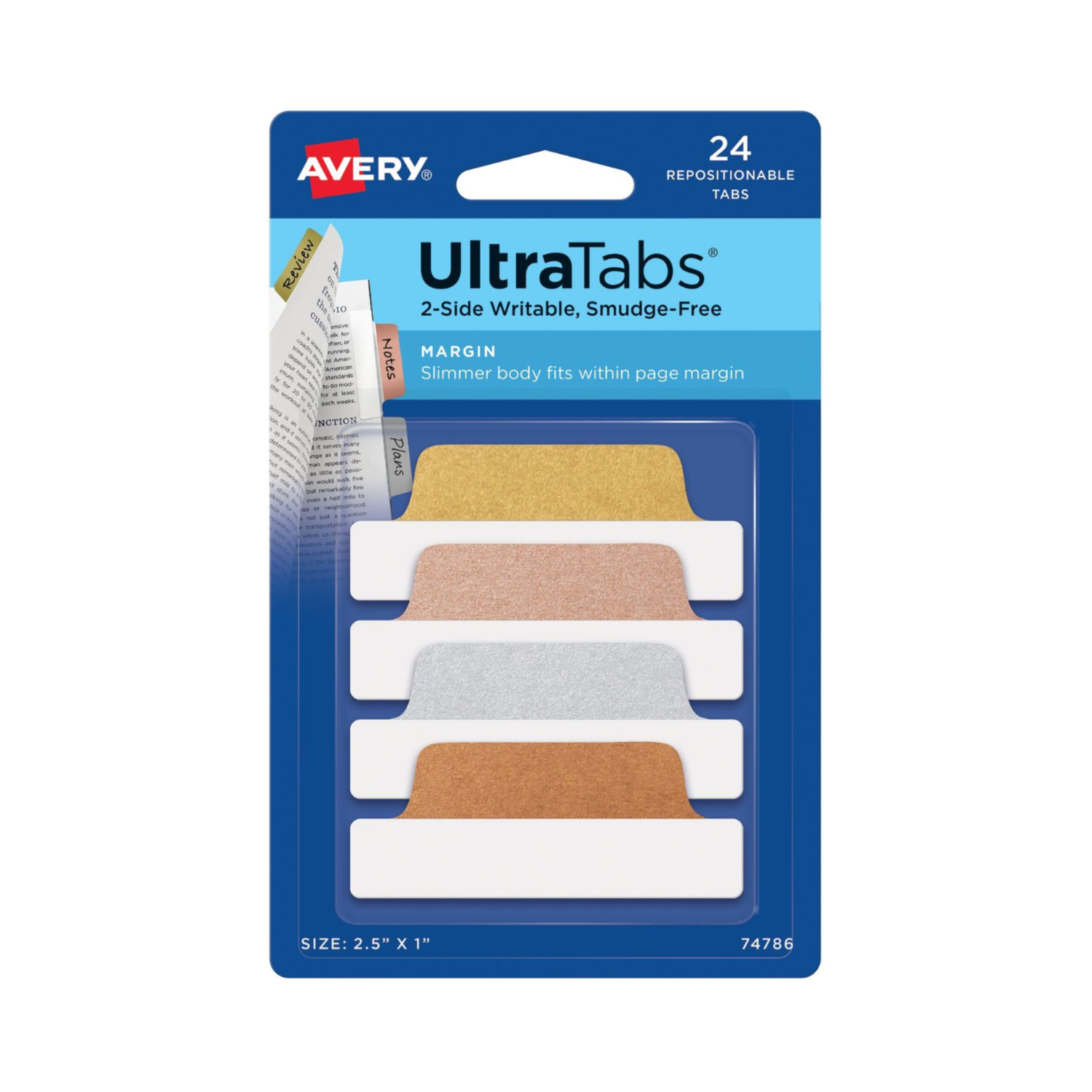 Avery® Ultra Tabs®, colores metalizados surtidos, 6.3 x 2.5cms, 24 banderitas reposicionables, escritura a dos caras (74786)