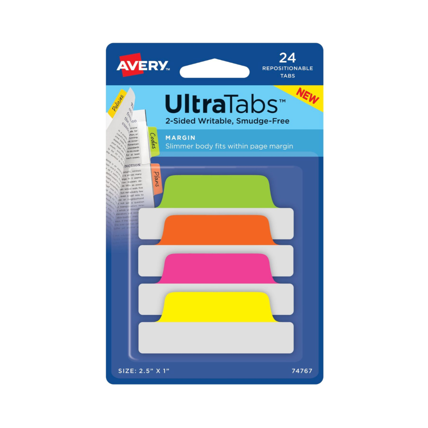 Avery® Ultra Tabs®, Banderitas de color neón surtidos, 6.35 x 2,5cms, 24 unidades, escritura a dos caras (74767)