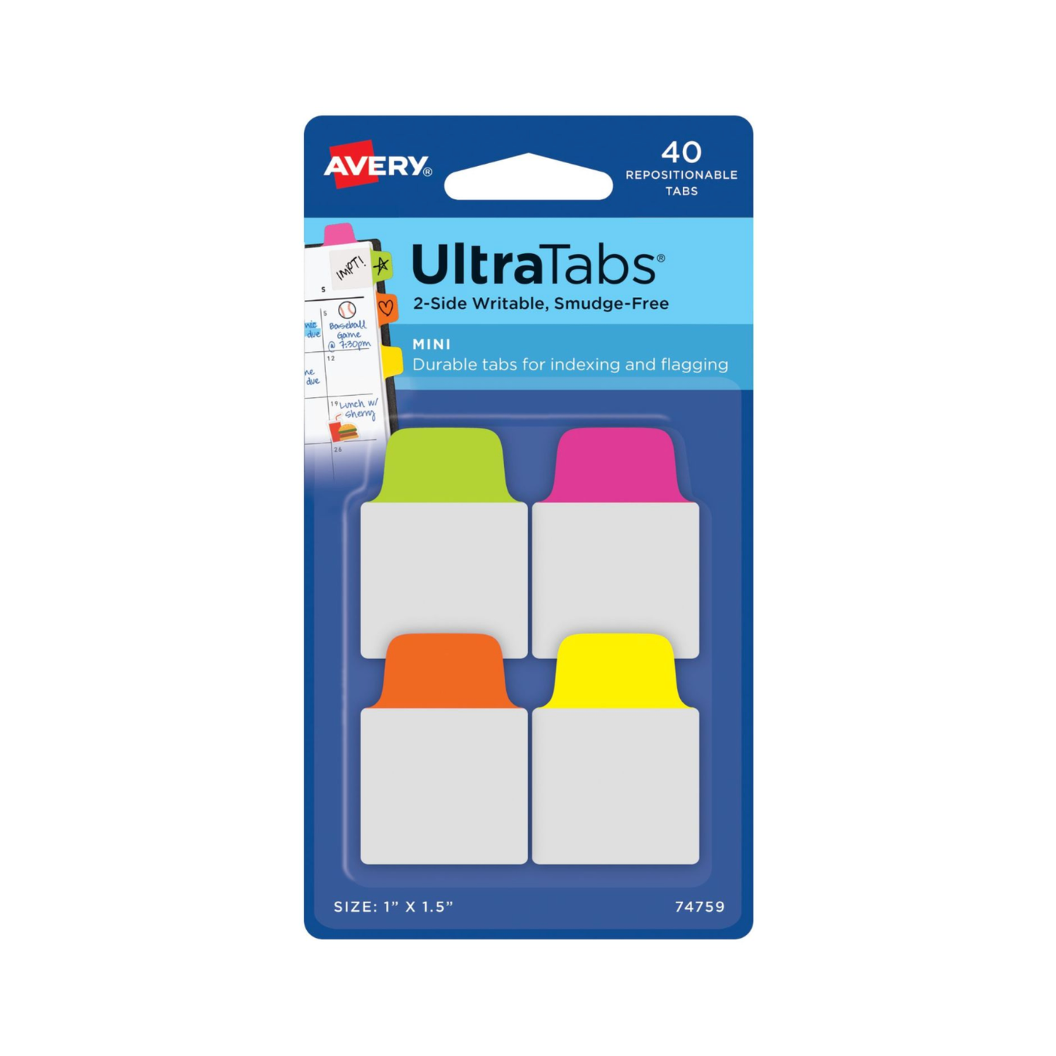 Avery® Ultra Tabs®, colores neón surtidos, 2.5 x 3.8cms, 40 mini banderitas reposicionables, escritura en 2 caras (74759)