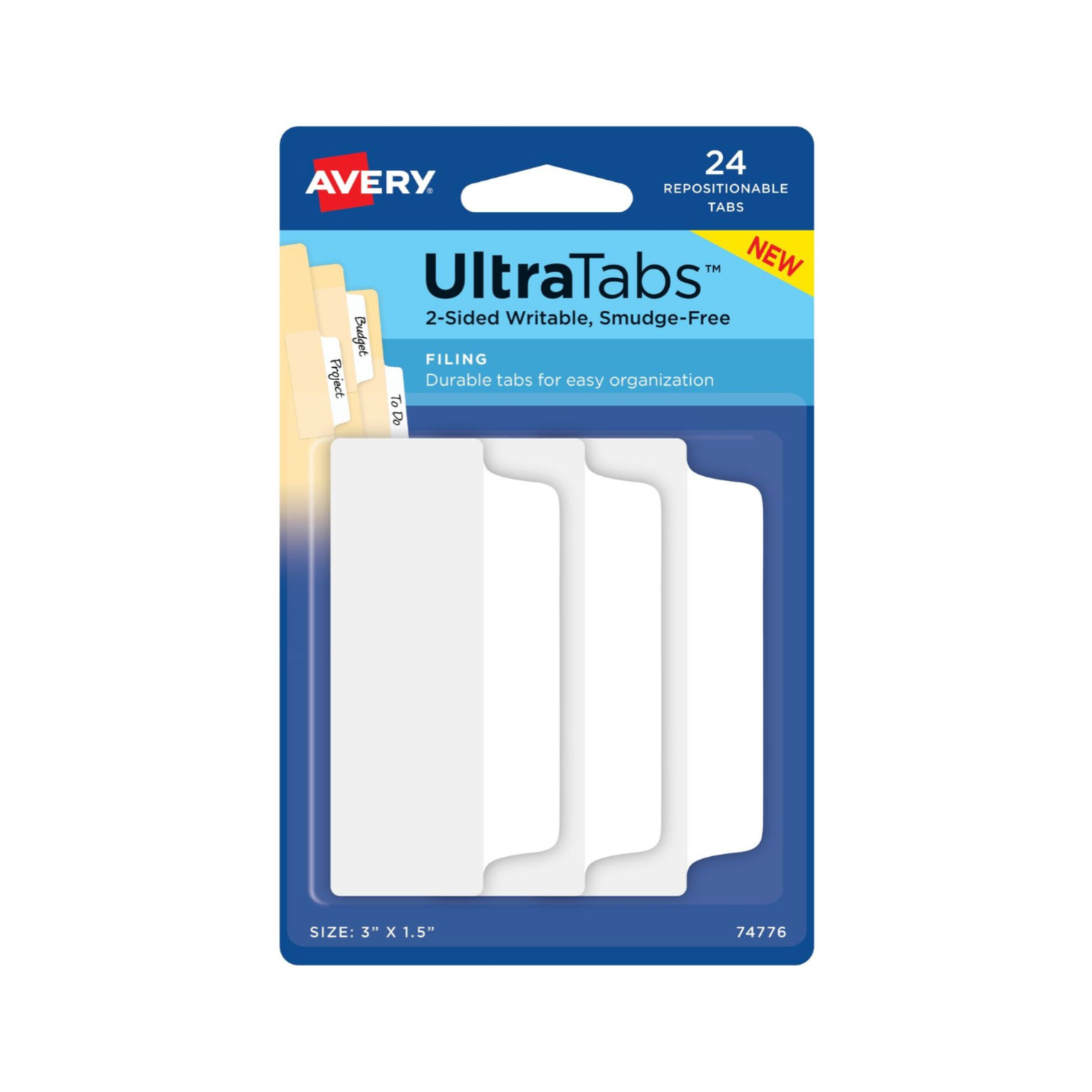 Avery® Banderitas adhesivas, Ultra Tabs®, Color blanco, 5.08 x 3.8cms, 24 banderitas reposicionables para archivar, escritura a dos caras (74776)