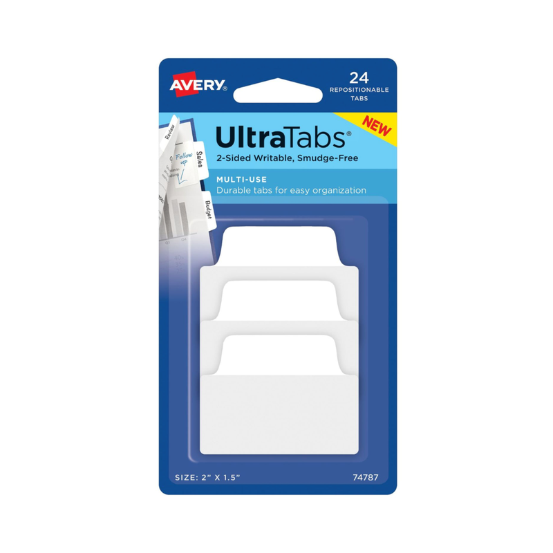 Avery® Ultra Tabs®, Color blanco, 5.08 x 2.5 cms, 24 banderitas adhesivas reposicionables, pestaña escribible en 2 lados (74787)