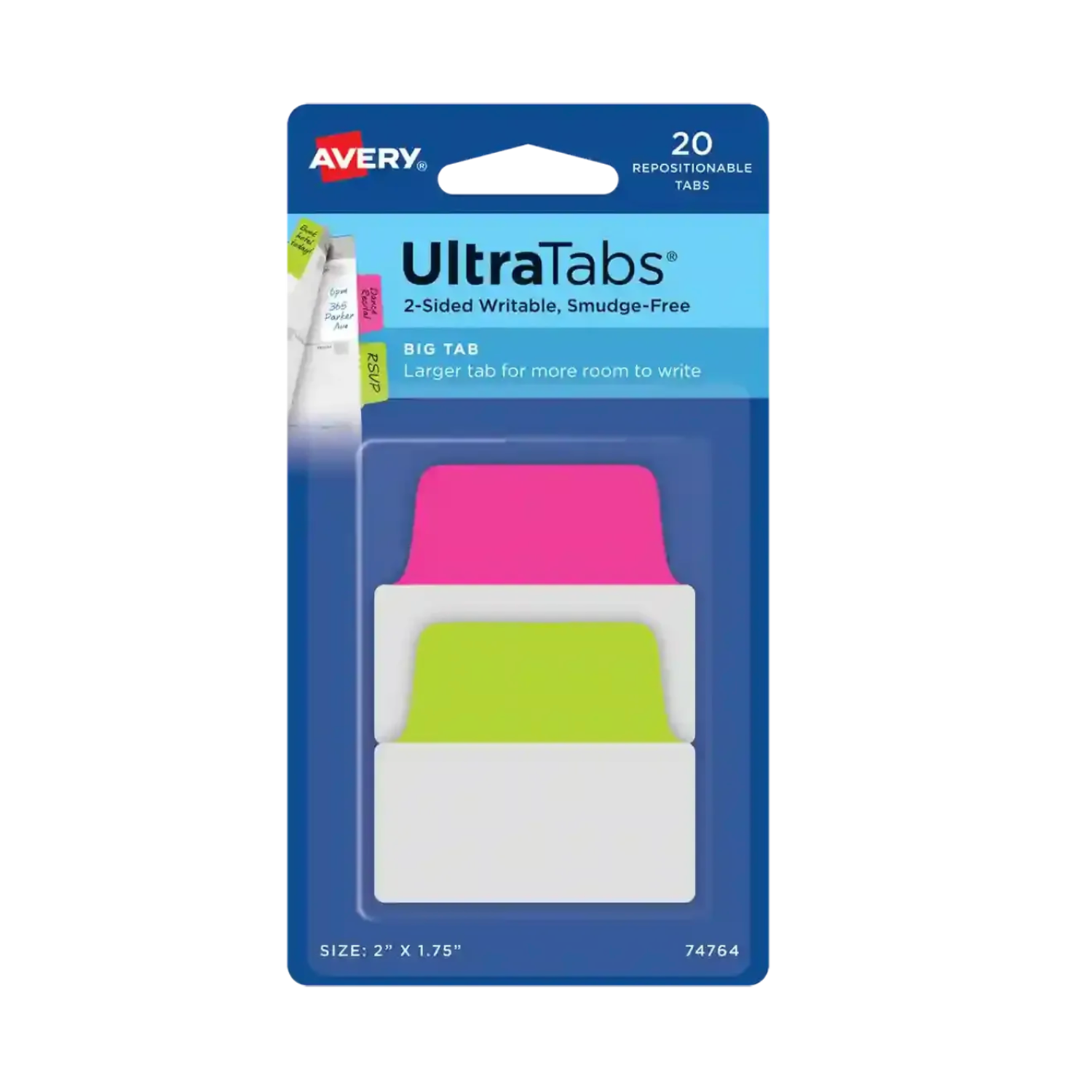 Avery® Ultra Tabs®, rosa neón/verde, 5.1 x 4.4 cms, 20 pestañas grandes reposicionables, escritura por ambos lados (74764)