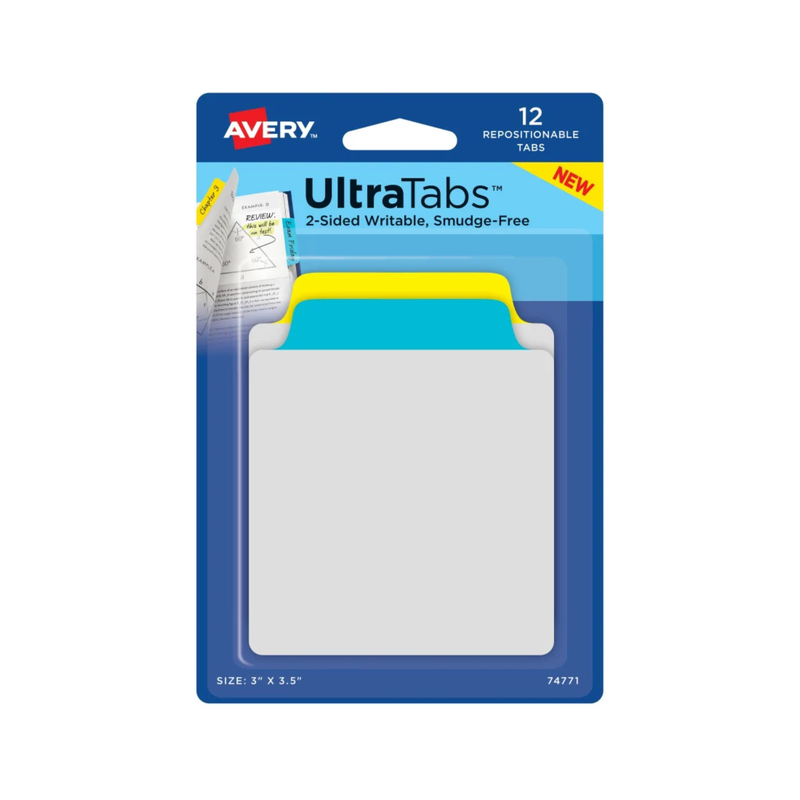 Avery® Ultra Tabs® Fichas reposicionables y notas adhesivas, escritura por ambos lados, 7.6 x 8.9, color amarillo y azul neón, 12 banderitas (74771) Avery® Ultra Tabs® Fichas reposicionables y notas adhesivas, escritura por ambos lados, 7.6 x 8.9, color amarillo y azul neón, 12 banderitas (74771)