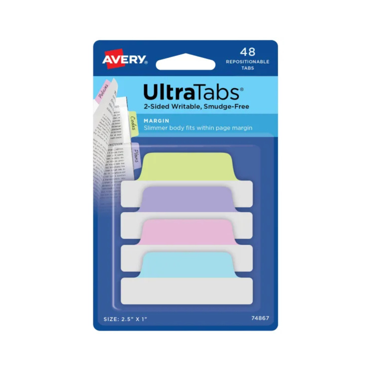 Avery® Ultra Tabs®, colores pastel surtidos, 6.3 x 2.5cms, 48 banderitas reposicionables, escritura a dos caras (74867)