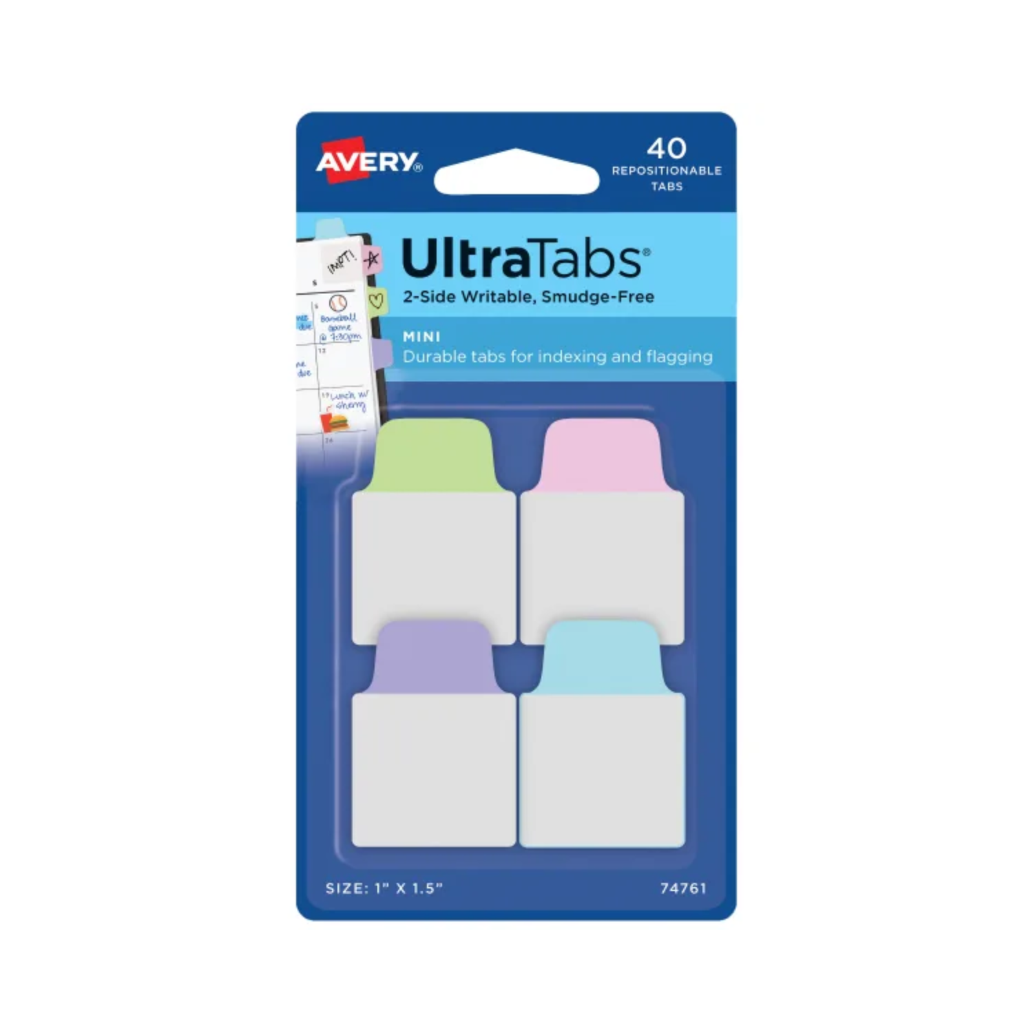 Avery® Ultra Tabs™, 2.5 x 3.8cms, escritura en 2 caras, colores pastel surtidos, 40 mini banderitas adhesivas (74761)