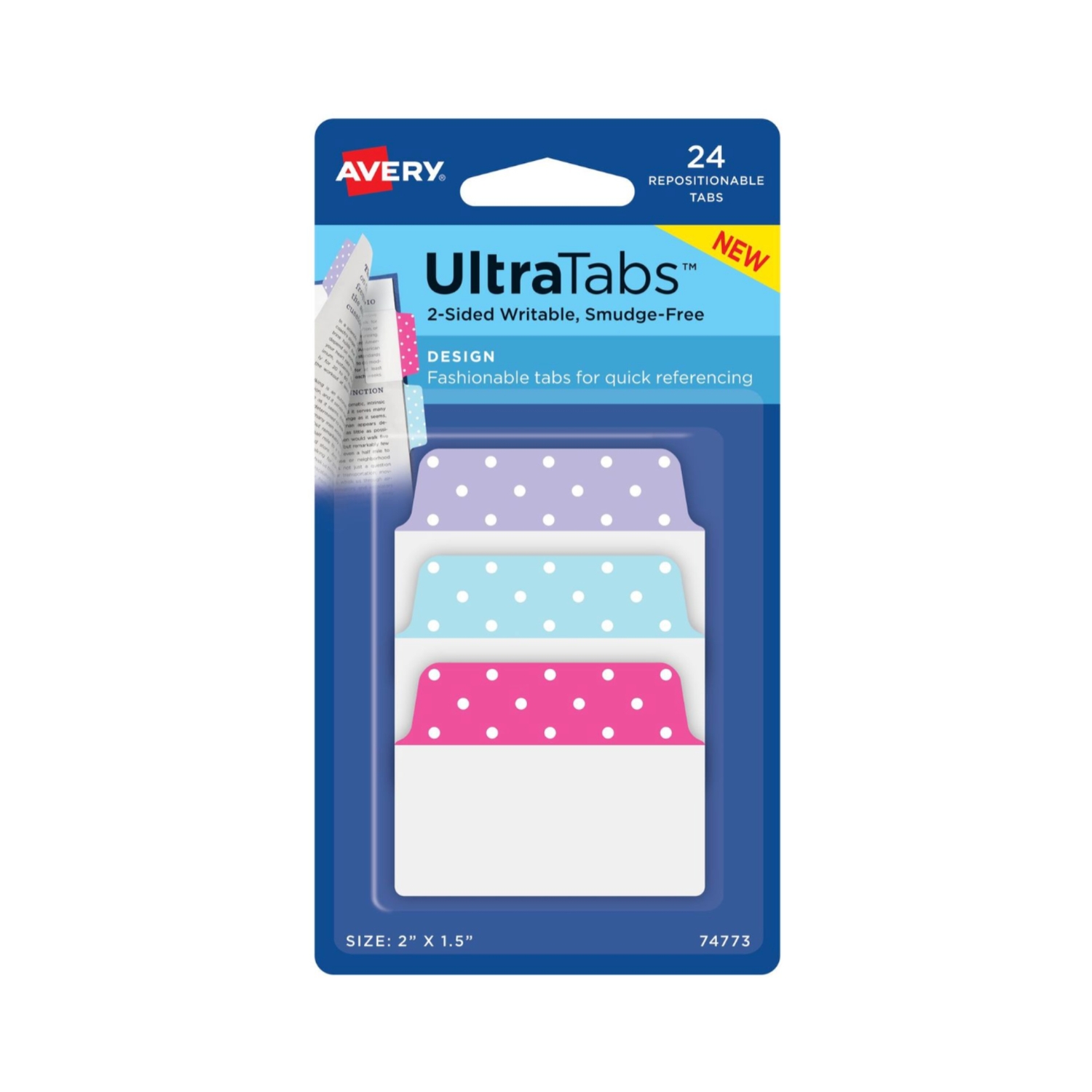 Avery® Ultra Tabs®, diseño de puntos, color pastel rosa/azul/púrpura, 5.08 x 3.8cms, 24 pestañas multiuso reposicionables, escritura en 2 caras (74773)