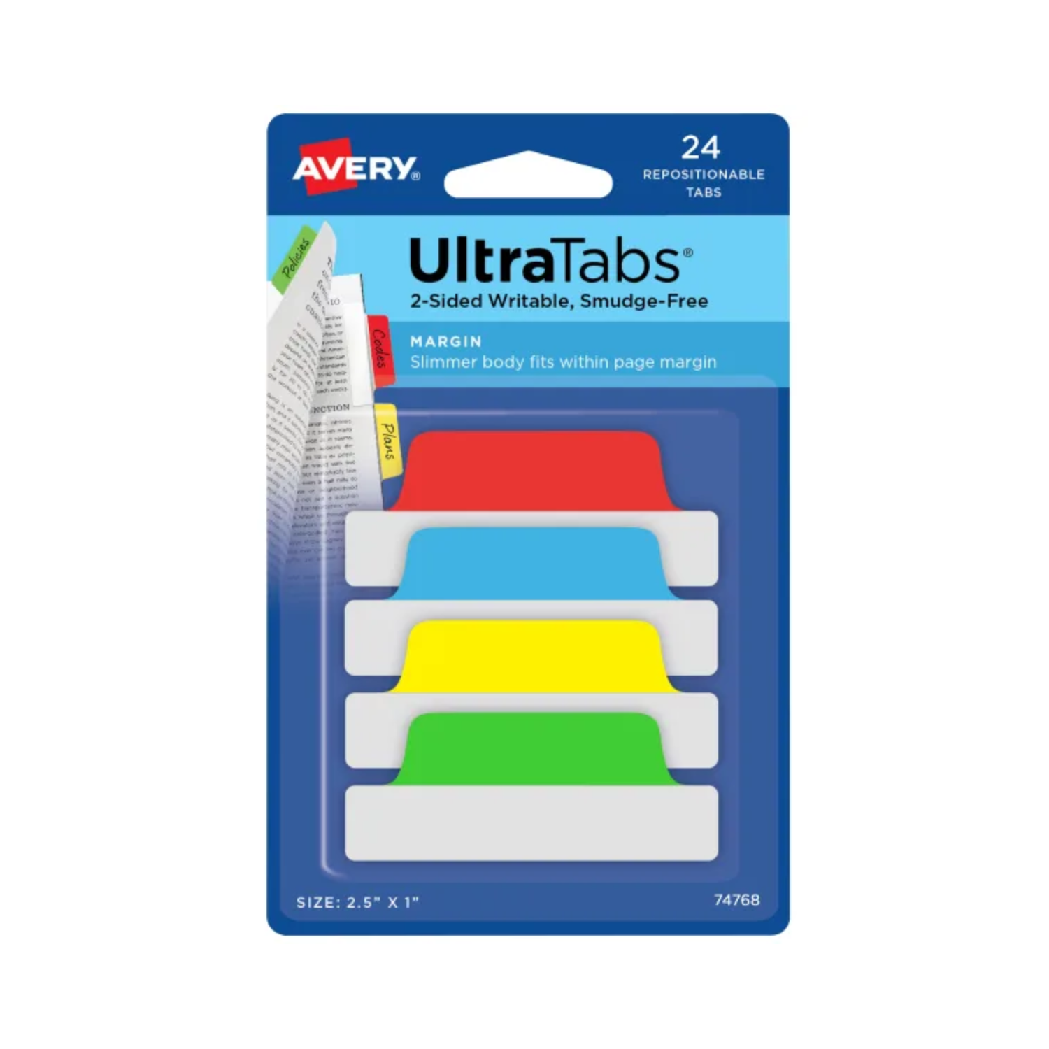 Avery® Ultra Tabs®, colores surtidos, 6,3 x 2.5cms, 24 pestañas de margen reposicionables, escritura a dos caras (74768)