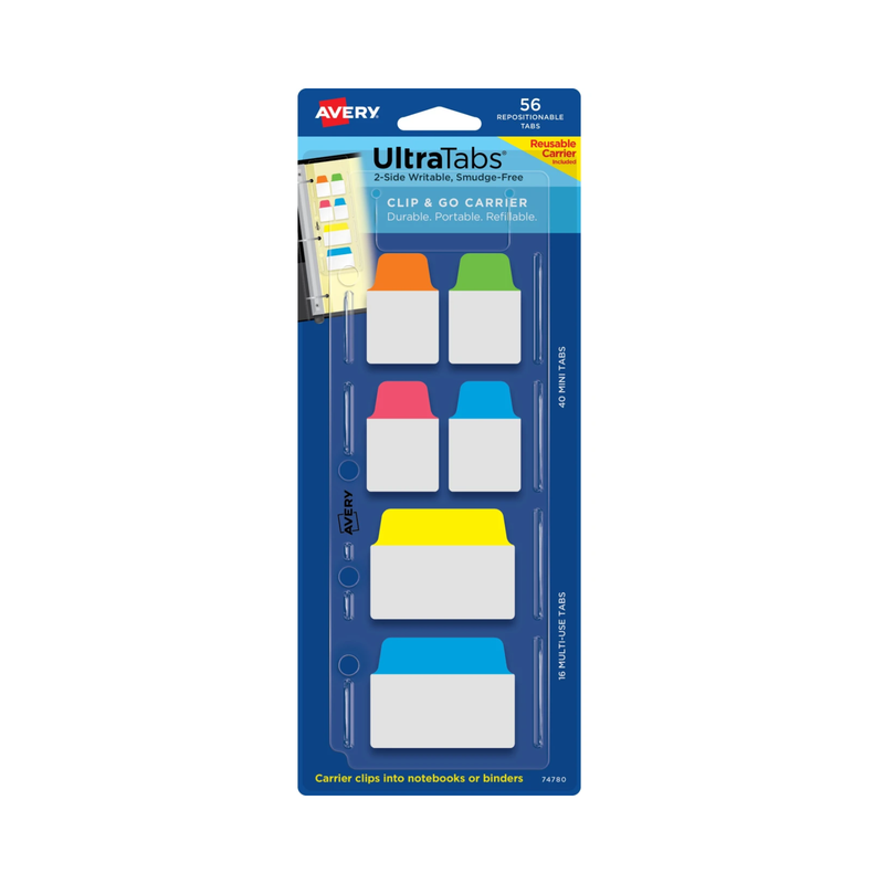 Avery® Ultra Tabs® Banderitas adhesivas con soporte Recargable Clip & Go Carrier, Paquete de 56 Etiquetas Reposicionables, Colores primarios Surtidos (74780) Avery® Ultra Tabs® Banderitas adhesivas con soporte Recargable Clip & Go Carrier, Paquete de 56 Etiquetas Reposicionables, Colores primarios Surtidos (74780)