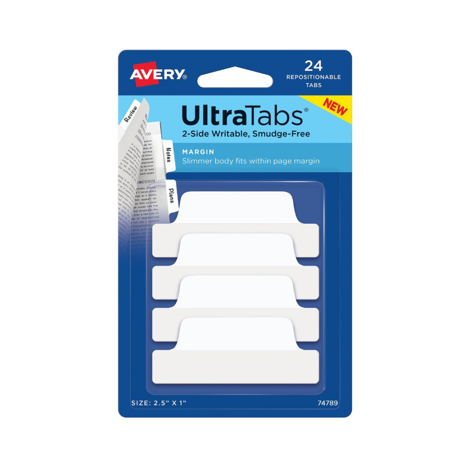 Avery® Ultra Tabs®, Banderitas adhesivas blancas, 6.3 x 2.5cms, 24 pestañas reposicionables, escritura de 2 caras, blanco (74789)