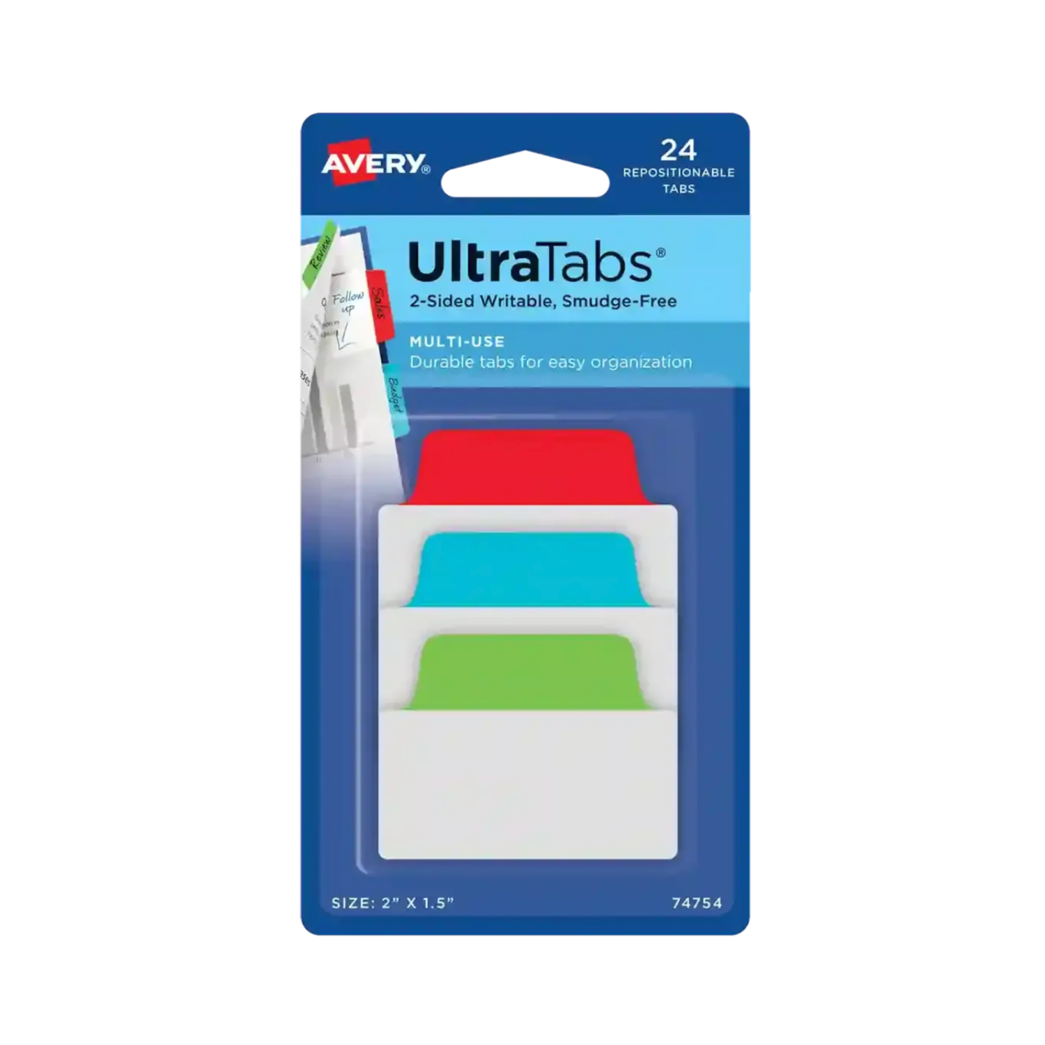 Avery® Ultra Tabs®, rojo/azul/verde, 5.08 x 3.8cms, 24 banderitas adhesivas reposicionables, escritura en 2 caras (74754)