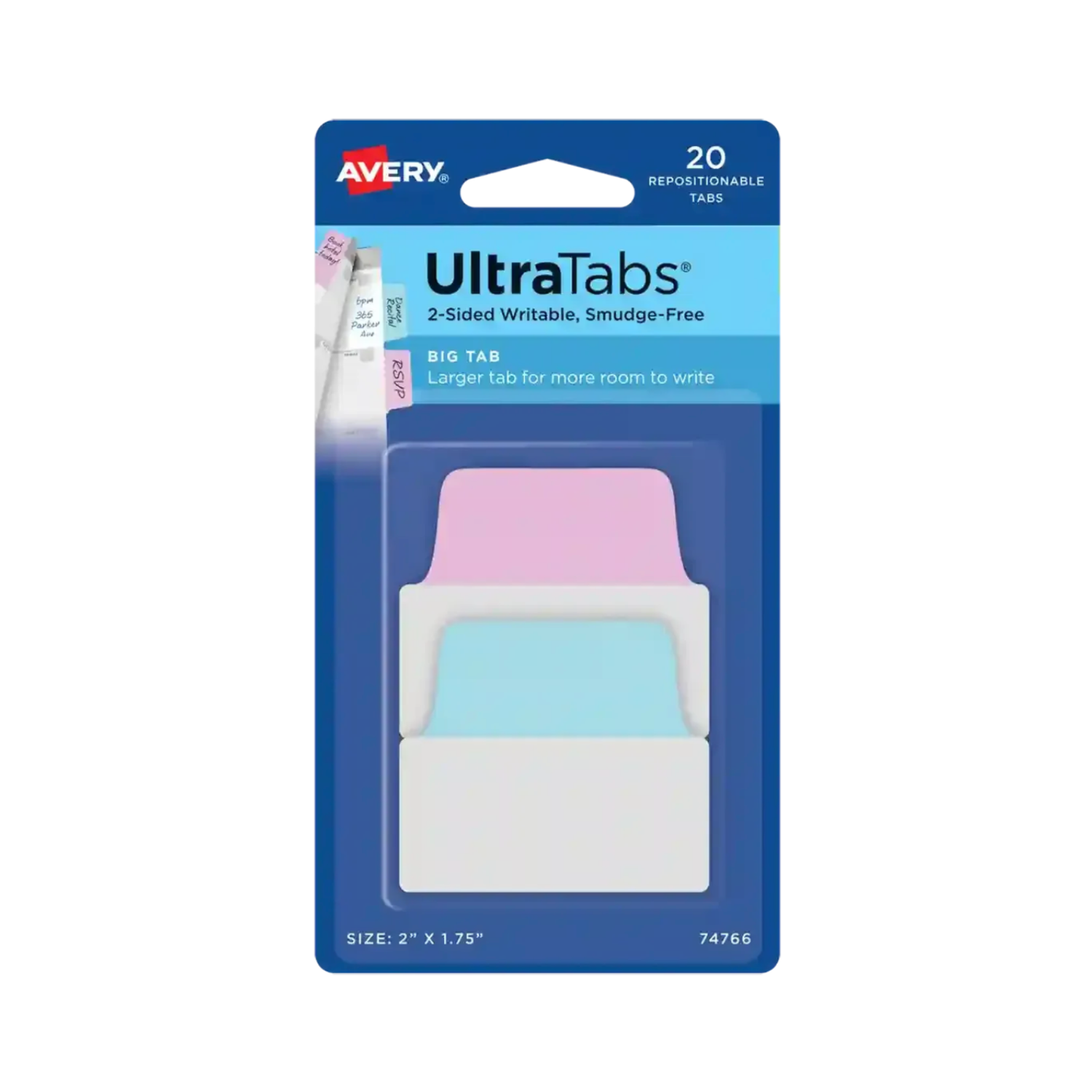 Avery® Ultra Tabs®, azul pastel/rosa, 5.1 x 4.4 cms, 20 pestañas grandes reposicionables, escritura a dos caras (74766)