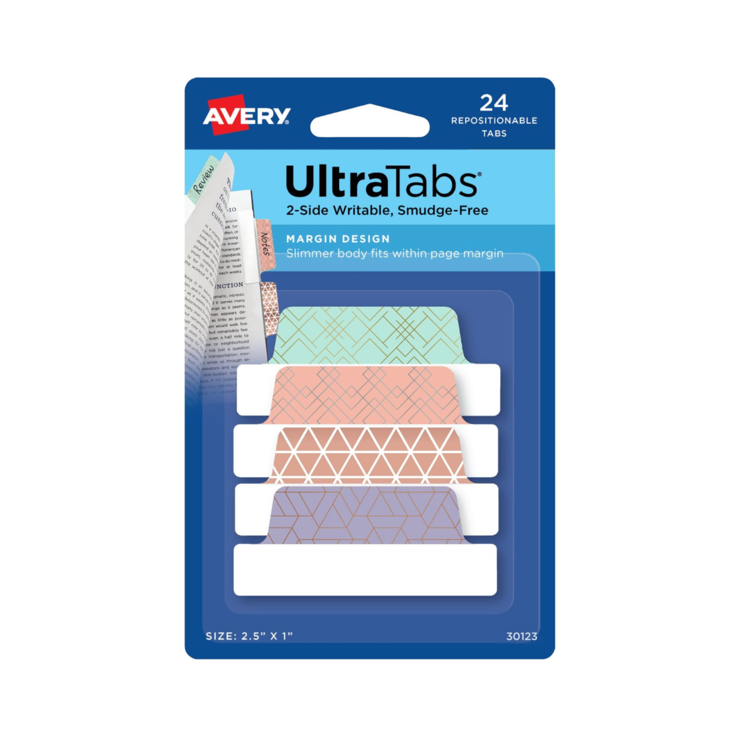 Avery® Ultra Tabs®, diseños geométricos metálicos, 6.3x2.5cms, 24 banderitas reposicionables, escritura a dos caras (30123)