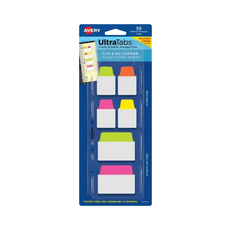 Avery® Ultra Tabs® Banderitas adhesivas con soporte Recargable, Paquete de 56 Etiquetas Reposicionables, Colores Neón Surtidos (74779)