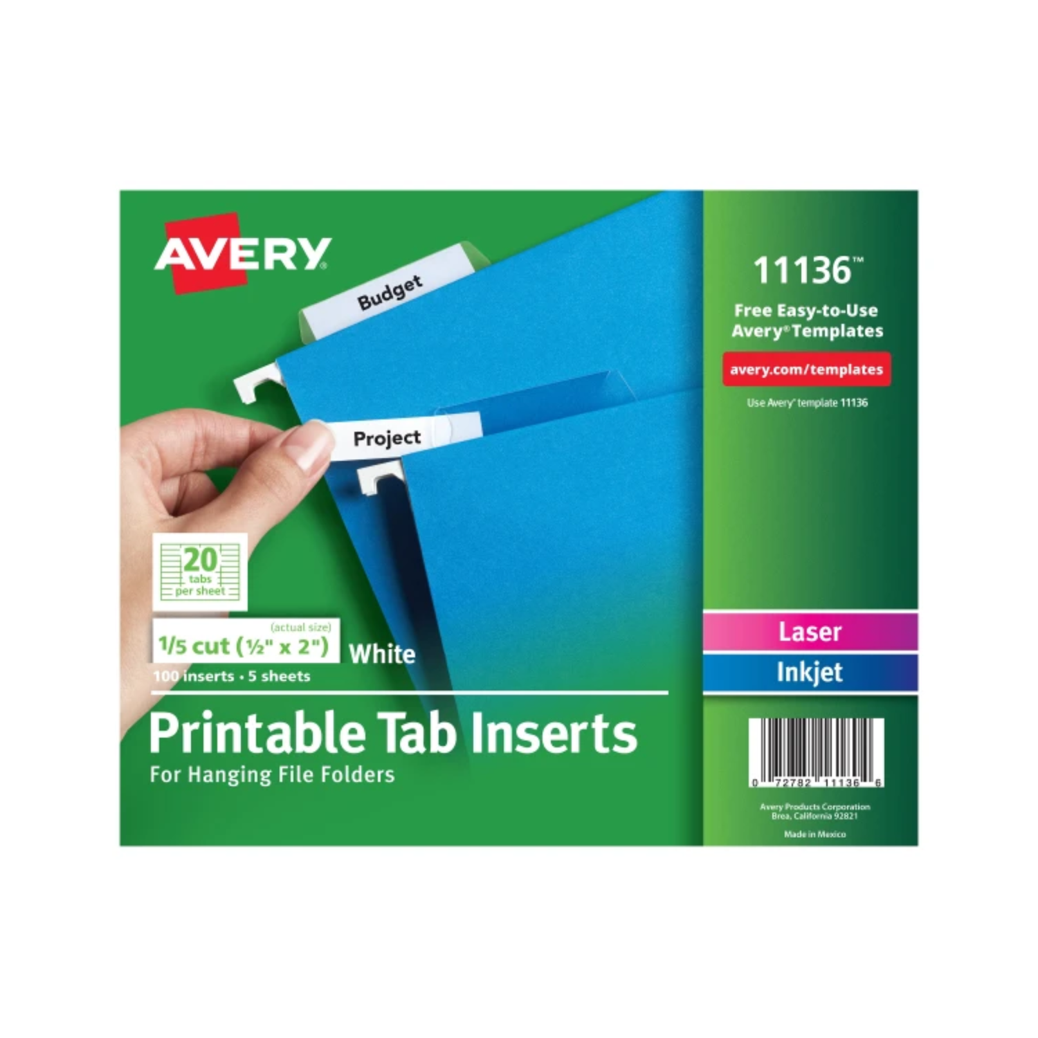 Avery® Insertos con pestañas imprimibles para archivadores colgantes, corte de 1/5, 5.1 X 1.3 cms, 100 insertos (11136)