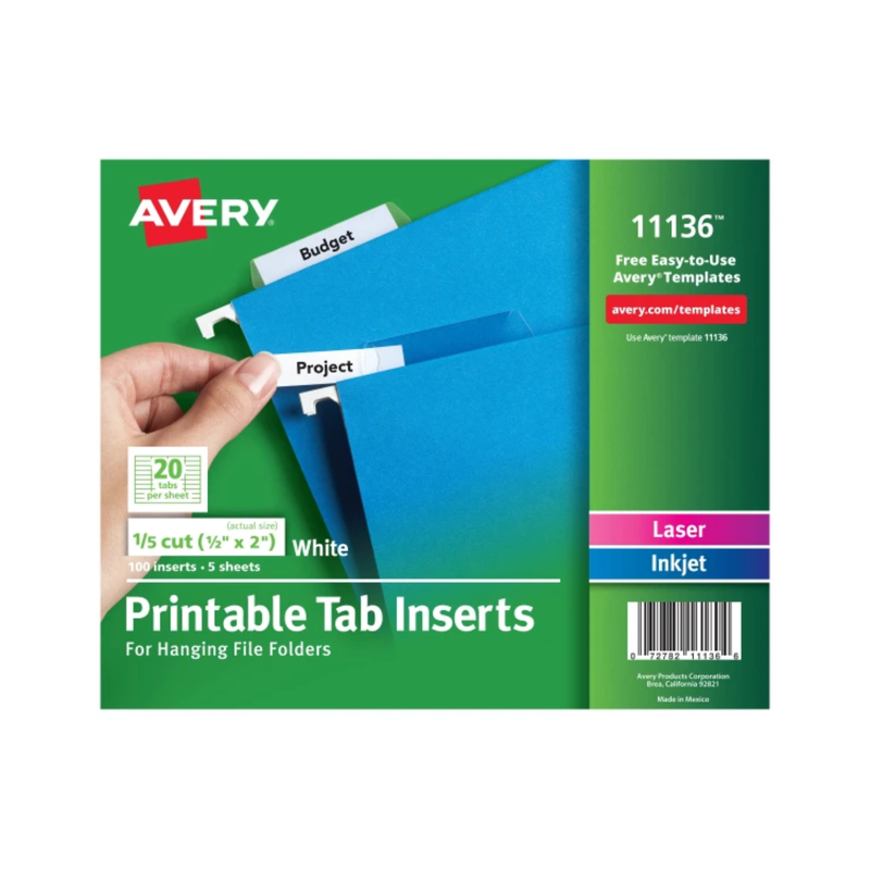 Avery® Insertos con pestañas imprimibles para archivadores colgantes, corte de 1/5, 5.1 X 1.3 cms, 100 insertos (11136)