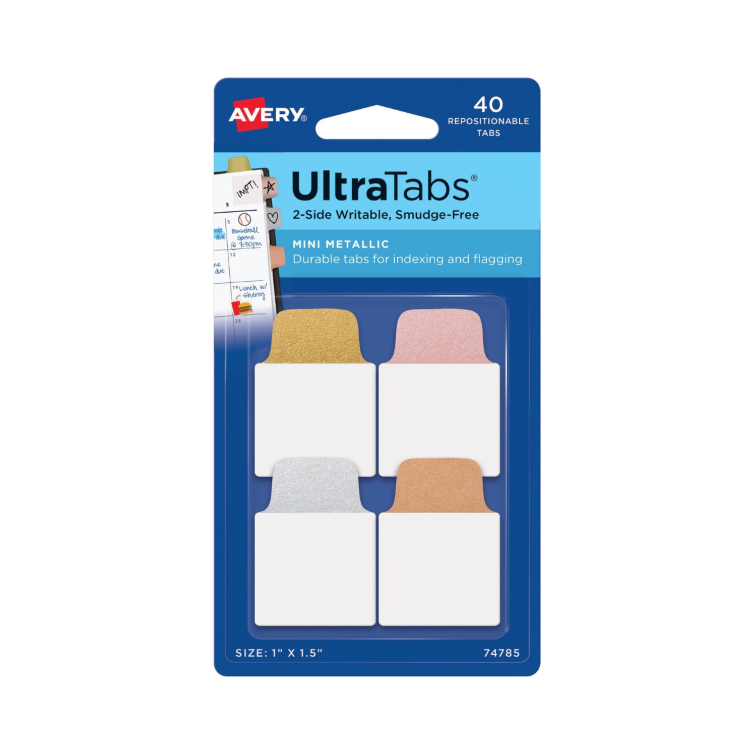 Avery® UltraTabs, colores metalizados, 2.5 x 3.8cms, 40 mini banderitas adhesivas reposicionables (74785)