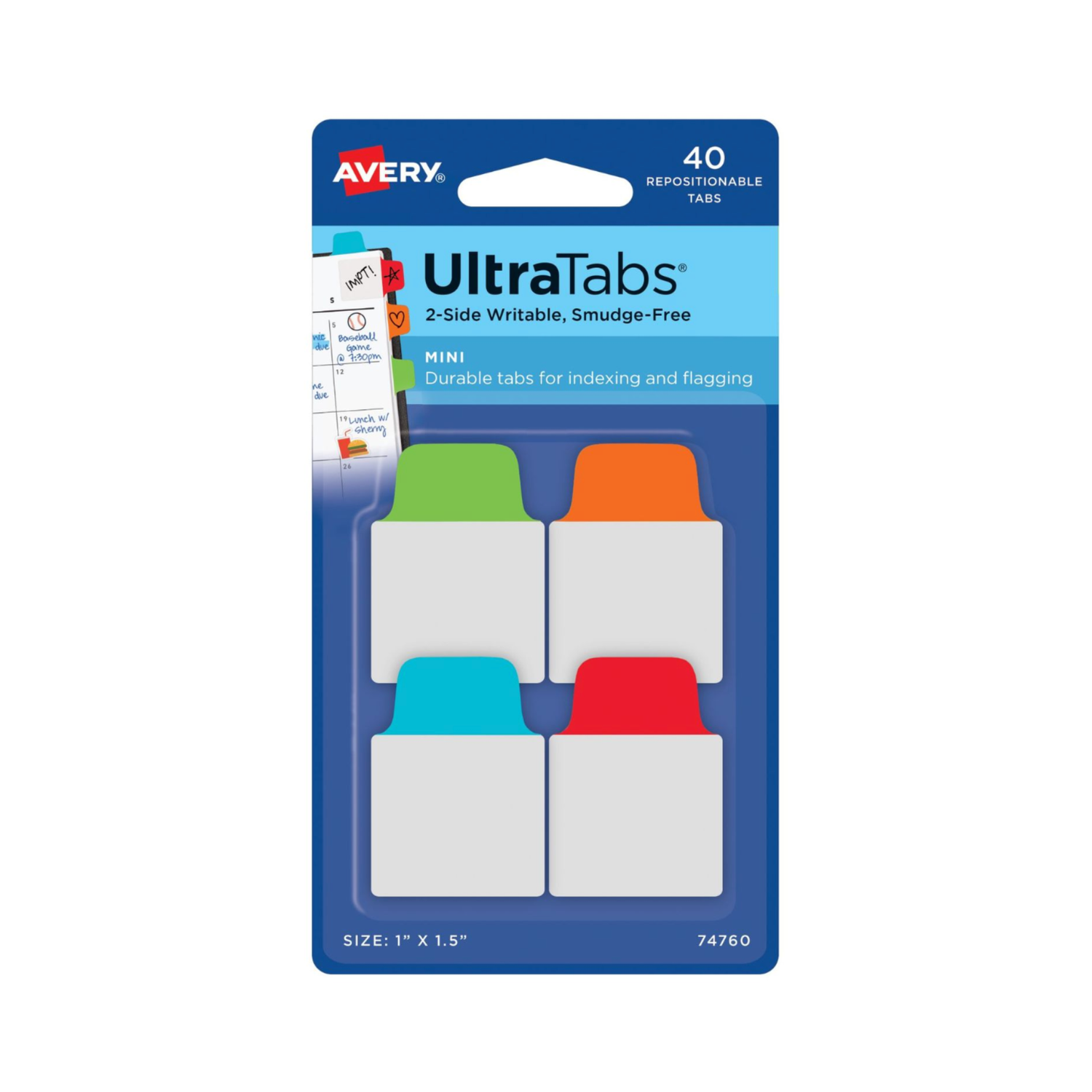 Avery® UltraTabs, Colores surtidos, 2.5 x 3.8cms, 40 mini banderitas adhesivas reposicionables (74760)
