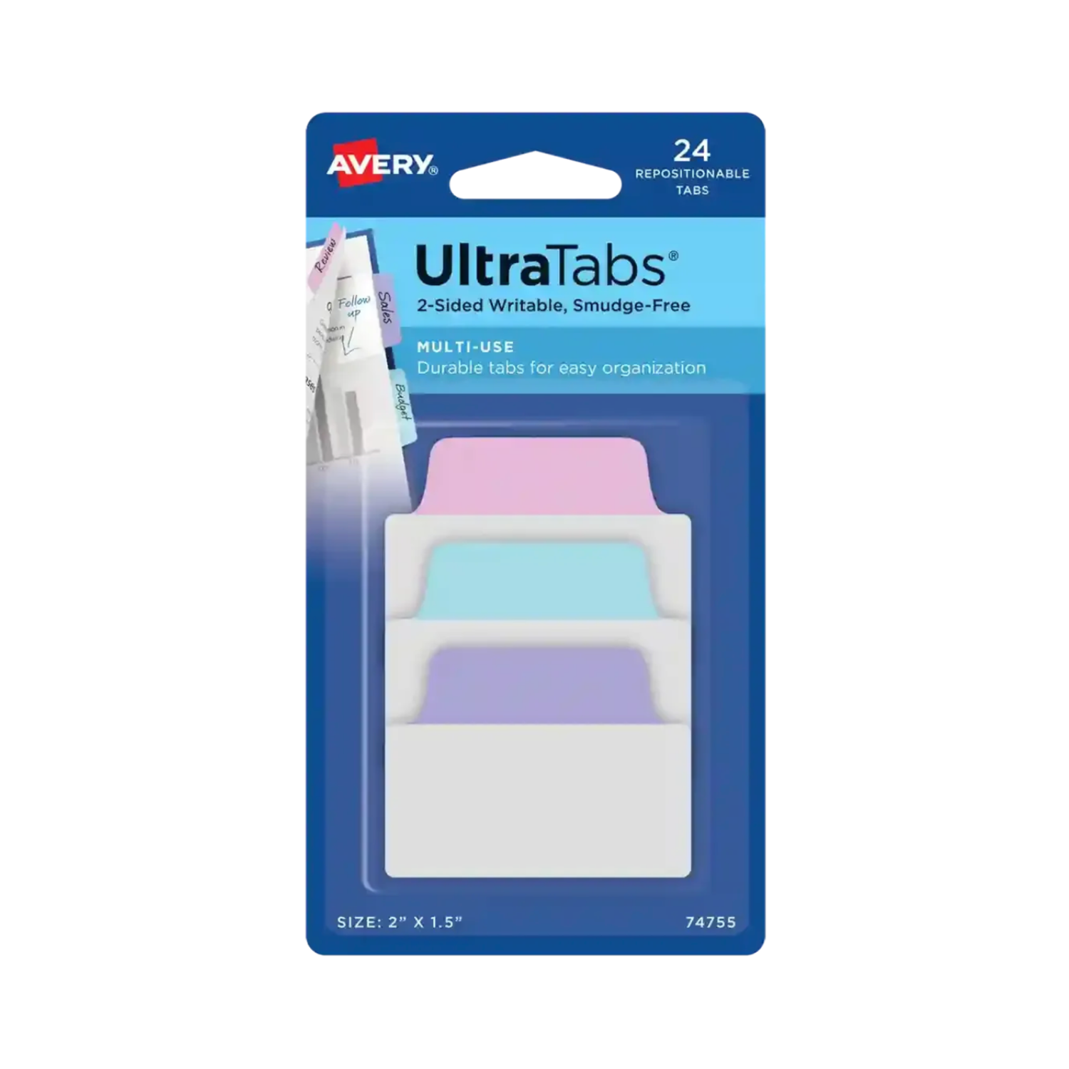 Avery® Ultra Tabs®, azul /rosa/púrpura pastel, 5.08 x 3.8cms, 24 banderitas adhesivas reposicionables, escritura en 2 caras (74755)