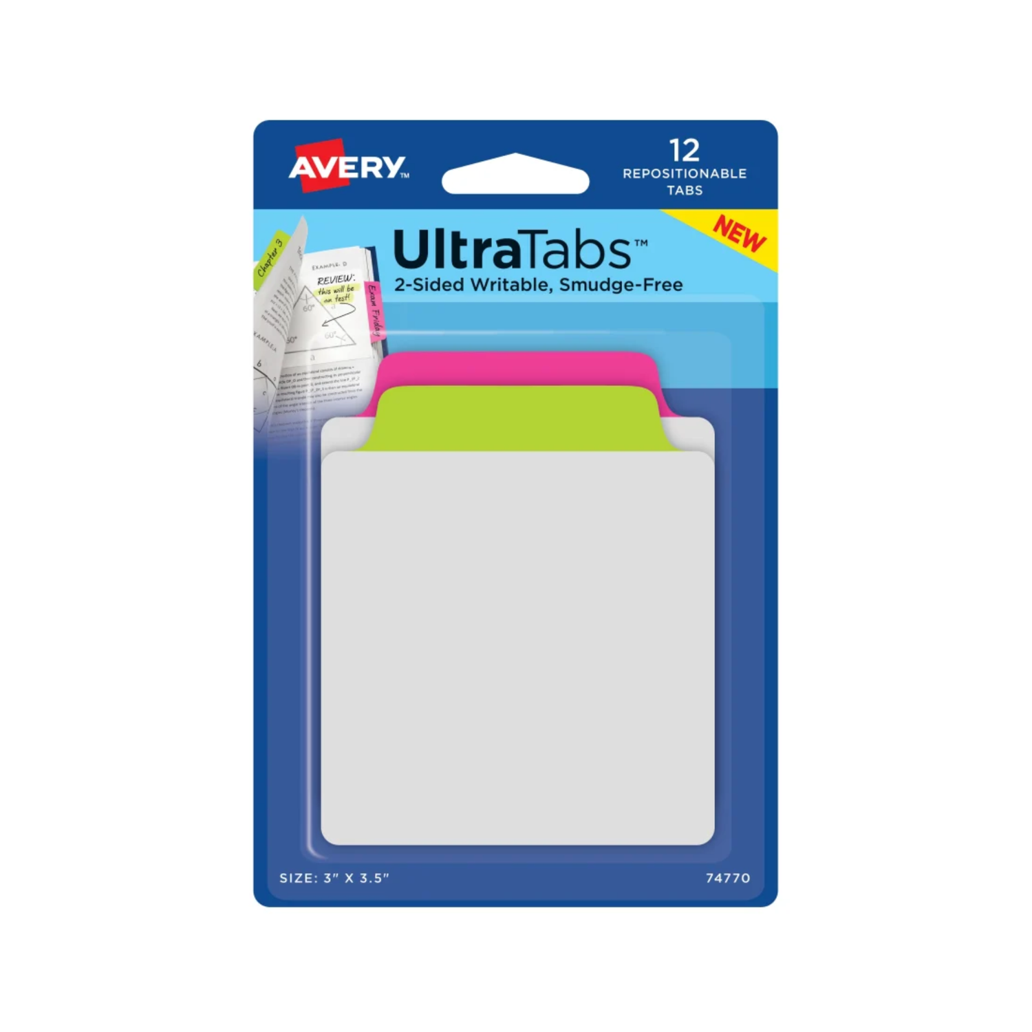 Avery® Ultra Tabs® Fichas reposicionables y notas adhesivas, escritura por ambos lados, 7.6 x 8.9, color verde y rosa neón, 12 banderitas (74770)
