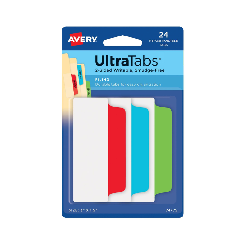 Avery® Banderitas adhesivas, Ultra Tabs®, Color rojo, azul y verde, 5.08 x 3.8cms, 24 banderitas reposicionables para archivar, escritura a dos caras (74775) Avery® Banderitas adhesivas, Ultra Tabs®, Color rojo, azul y verde, 5.08 x 3.8cms, 24 banderitas reposicionables para archivar, escritura a dos caras (74775)