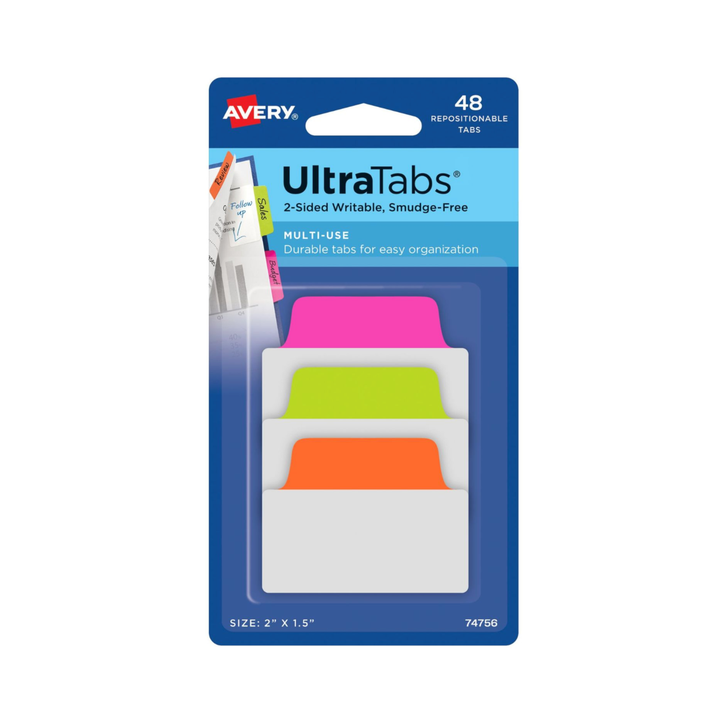 Avery® Ultra Tabs®, colores neón, 5.08 x 3.8cms, 48 banderitas multiuso reposicionables, escritura en 2 lados (74756)