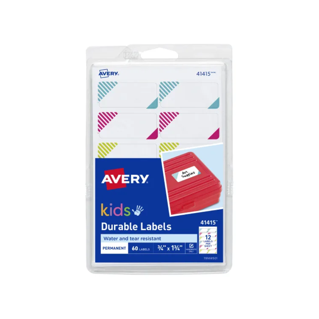 Avery® Etiquetas para niños, flexibles y duraderas, solo escritura a mano, 4.4 x 1.9 cms, 60 etiquetas (41415)