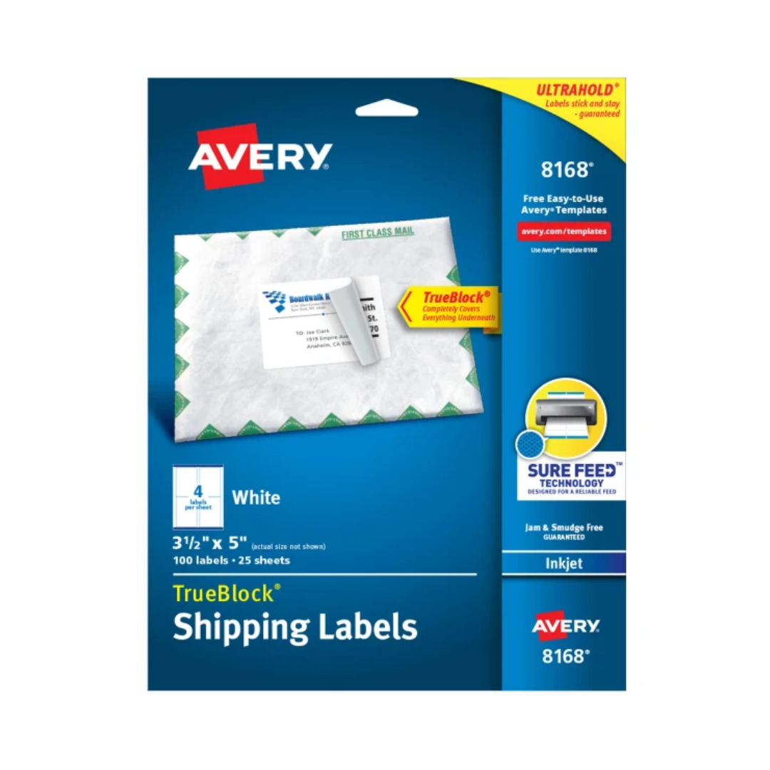 Avery® Etiquetas para envíos, TrueBlock®, tecnología Sure Feed™, adhesivo permanente, 12.9 x 8.9 cms, 100 etiquetas (8168)
