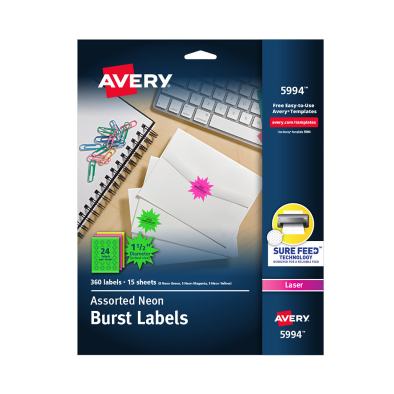 Avery® Etiquetas para nombres y direcciones, color neón, teconología Sure Feed™ para impresoras láser, 3.8 cms, colores surtidos, etiquetas con forma de ráfaga 360 (5994) Avery® Etiquetas para nombres y direcciones, color neón, teconología Sure Feed™ para impresoras láser, 3.8 cms, colores surtidos, etiquetas con forma de ráfaga 360 (5994)