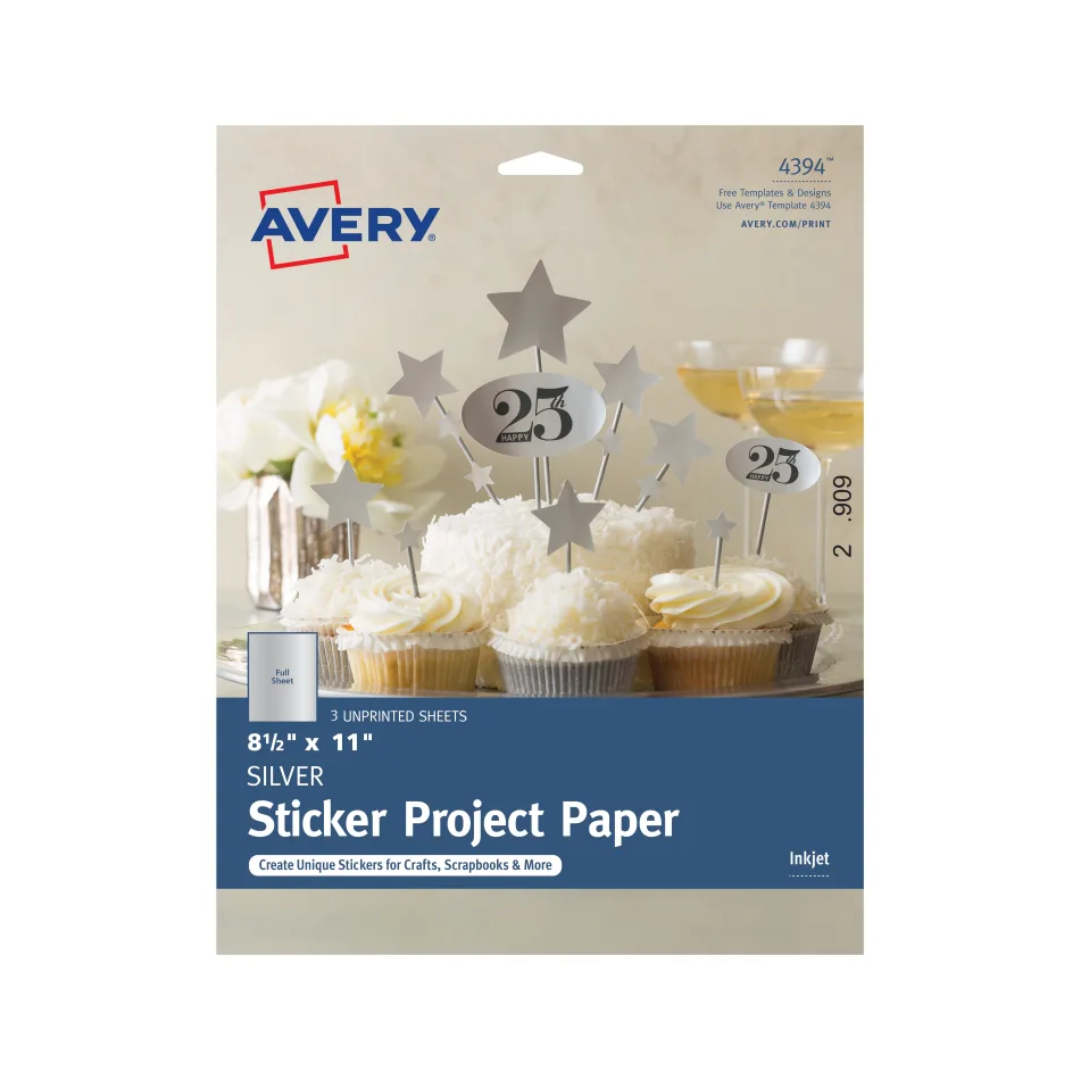 Avery® Papel adhesivo plateado, para proyectos con adhesivo permanente, 21.5 x 27.9 cms, impresora de inyección de tinta, 3 hojas plateadas (4394)