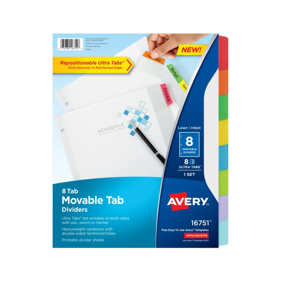 Avery® Separadores de pestañas móviles, juego de 8 pestañas, multicolor (16751)