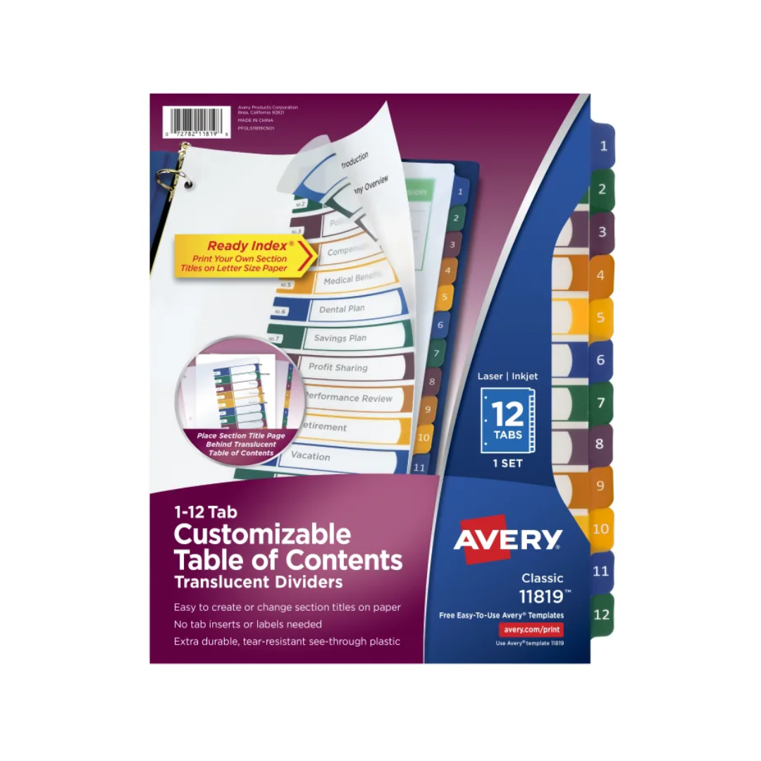 Avery® Separadores de plástico para 12 pestañas Ready Index® , tabla de contenido personalizable, pestañas multicolores, 1 juego (11819)