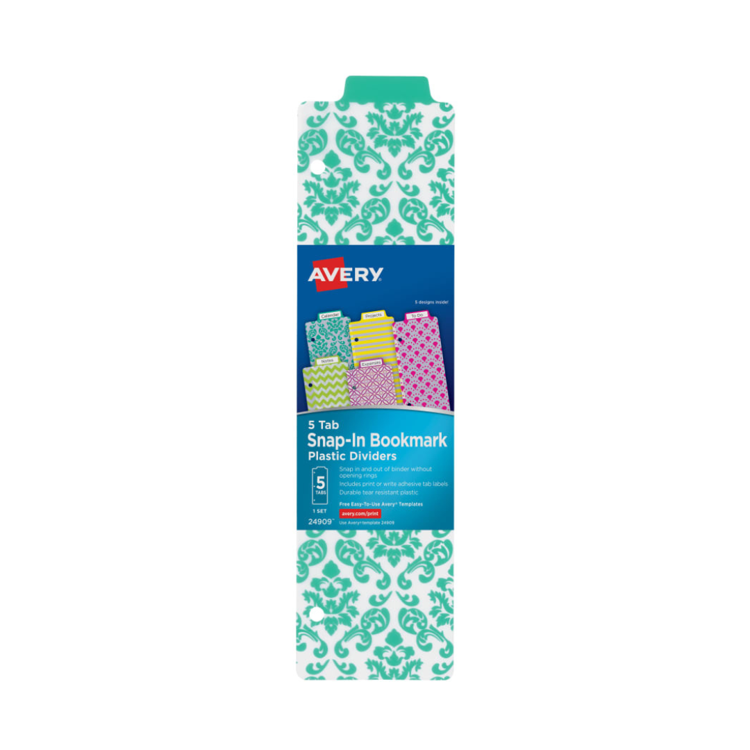 Avery® Separadores de marcapáginas de plástico , juego de 5 separadores, diseños variados (24909)