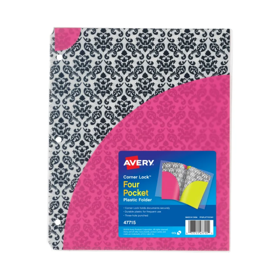 Avery® Carpeta plástica de cuatro bolsillos® Corner Lock®, color damasco (47715)