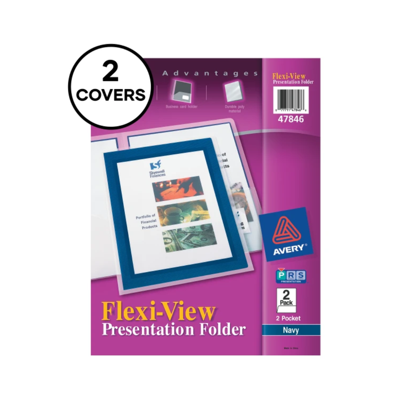 Avery® Carpetas Flexi-View® con dos bolsillos, capacidad para 50 hojas, 2 carpetas azul marino (47846)